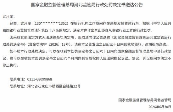 因违规放贷 河北一名银行从业人员两个月内收到两张终身禁业决定书